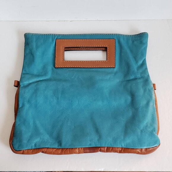 Vintage MODA in ITALIA Convertible 3in1 Leather Clutch Handbag Turquoise Cognac - Picture 7 of 13